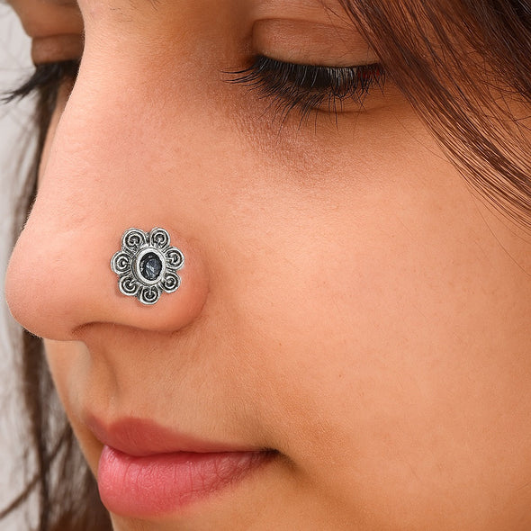 Blue Gemstone Floral Nose Pin - Sterling Silver