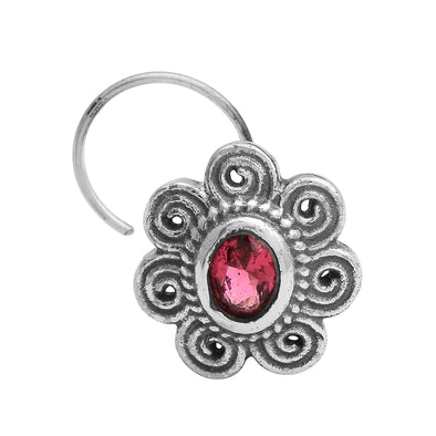 Red Gemstone Floral Nose Pin - Sterling Silver