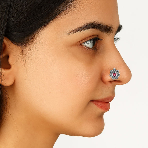 Red Gemstone Floral Nose Pin - Sterling Silver