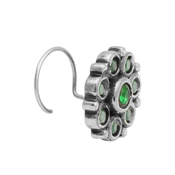 Cluster Spiral Design Green Stone Nose Pin - Sterling Silver