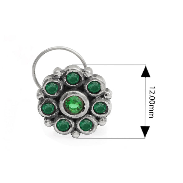 Cluster Spiral Design Green Stone Nose Pin - Sterling Silver