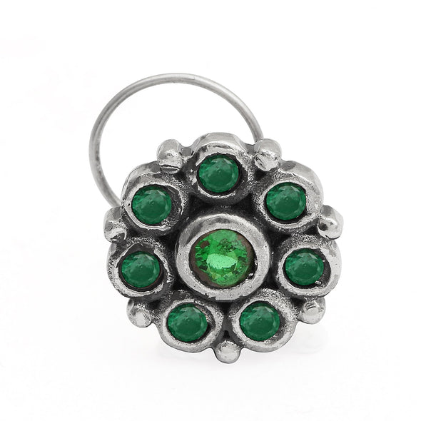 Cluster Spiral Design Green Stone Nose Pin - Sterling Silver