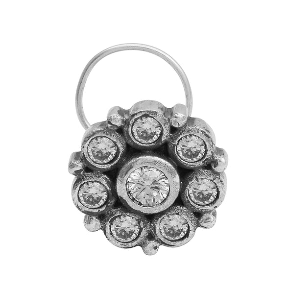 Floral Cluster Design Clear Stone Nose Pin - Sterling Silver