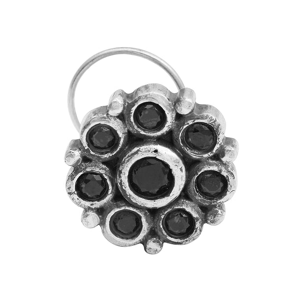 Floral Cluster Design Black Stone Nose Pin - Sterling Silver