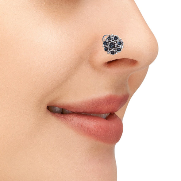 Floral Cluster Design Blue Stone Nose Pin - Sterling Silver