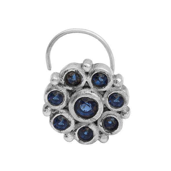 Floral Cluster Design Blue Stone Nose Pin - Sterling Silver