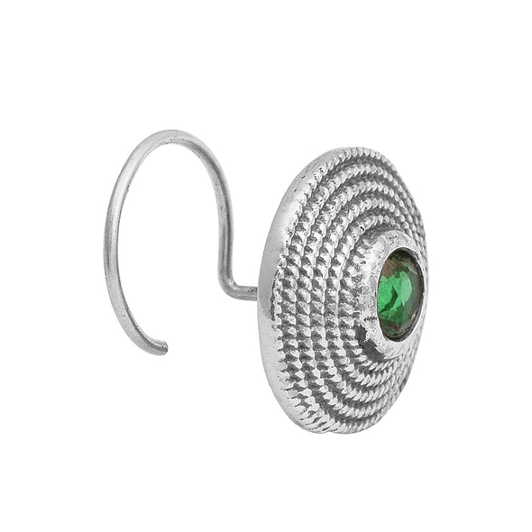 Textured Round Green Gemstone Nose Pin - Sterling Silver