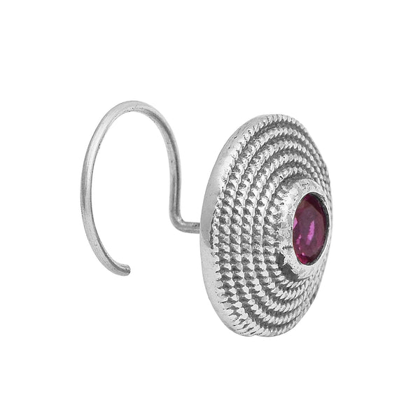 Textured Round Red Gemstone Nose Pin - Sterling Silver