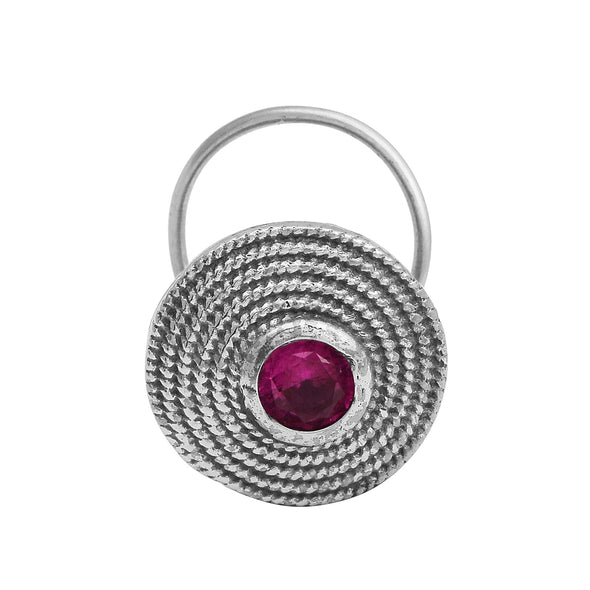 Textured Round Red Gemstone Nose Pin - Sterling Silver