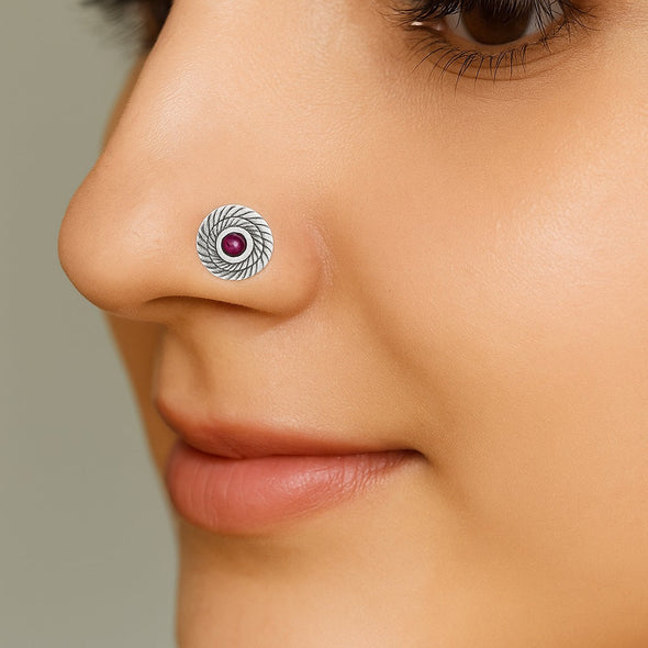 Textured Round Red Gemstone Nose Pin - Sterling Silver