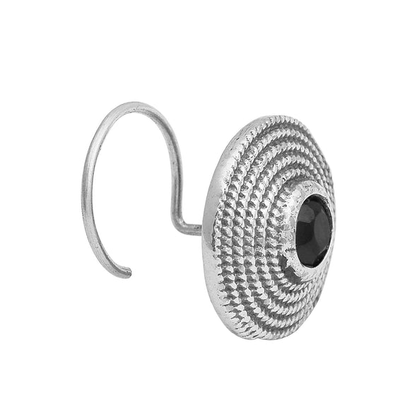 Textured Round Black Gemstone Nose Pin - Sterling Silver