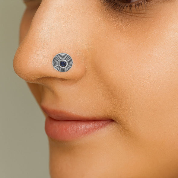 Textured Round Blue Gemstone Nose Pin - Sterling Silver