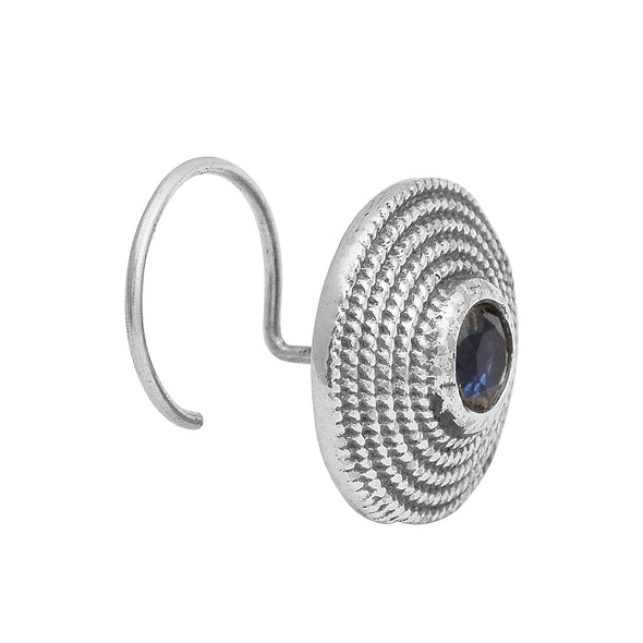 Textured Round Blue Gemstone Nose Pin - Sterling Silver