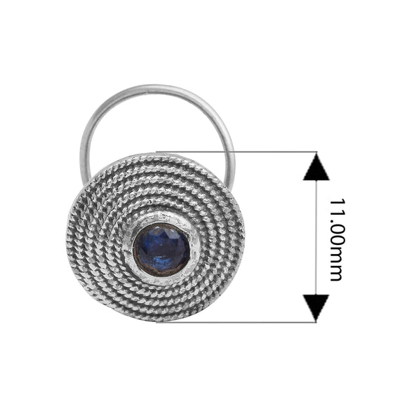 Textured Round Blue Gemstone Nose Pin - Sterling Silver