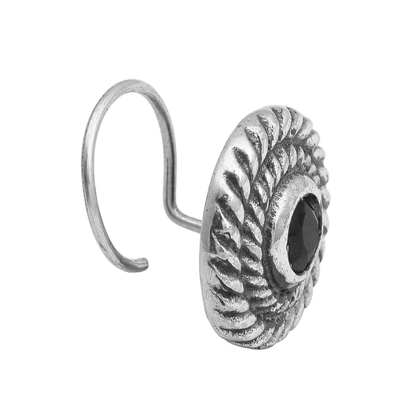Spiral Design Black Gemstone Accent Nose Pin - Sterling Silver