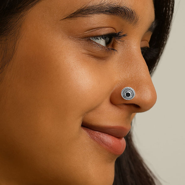 Spiral Design Black Gemstone Accent Nose Pin - Sterling Silver