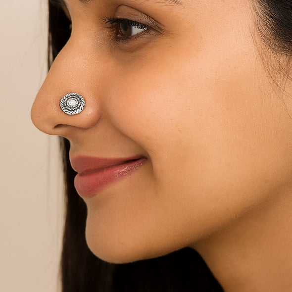 Spiral Design Clear Gemstone Accent Nose Pin - Sterling Silver