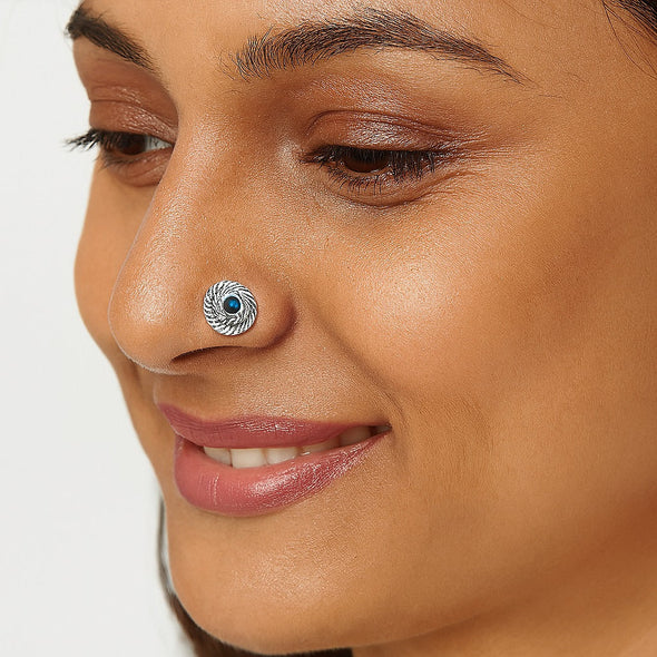 Spiral Design Blue Gemstone Accent Nose Pin - Sterling Silver