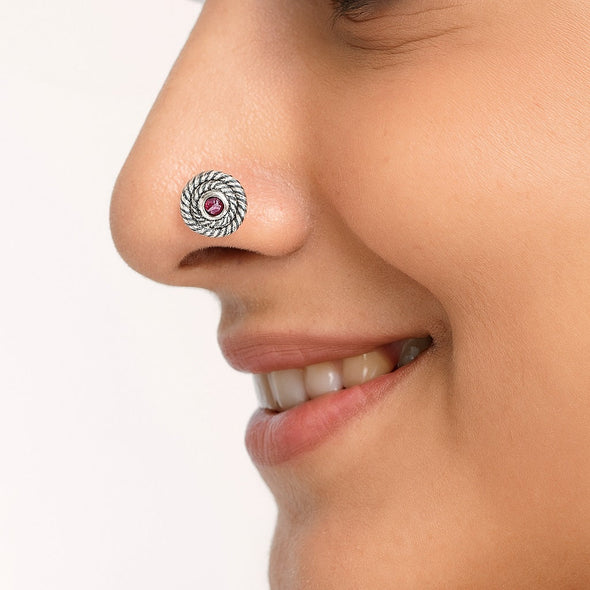 Spiral Design Red Gemstone Accent Nose Pin - Sterling Silver
