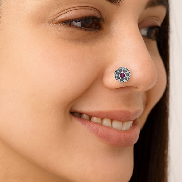 Floral Oxidized Spiral Design Red Stone Nose Pin - Sterling Silver
