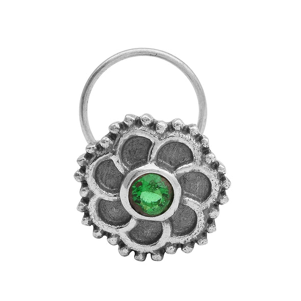 Floral Oxidized Spiral Design Green Stone Nose Pin - Sterling Silver