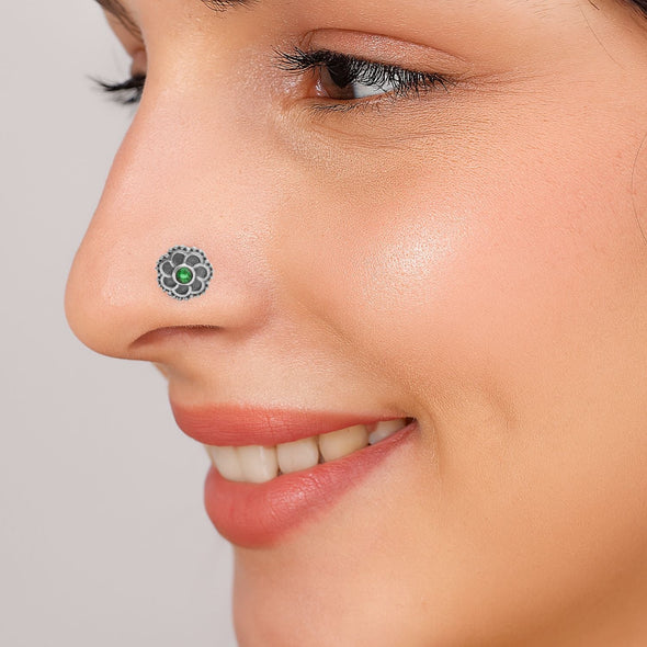 Floral Oxidized Spiral Design Green Stone Nose Pin - Sterling Silver