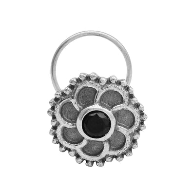 Floral Oxidized Spiral Design Black Stone Nose Pin - Sterling Silver