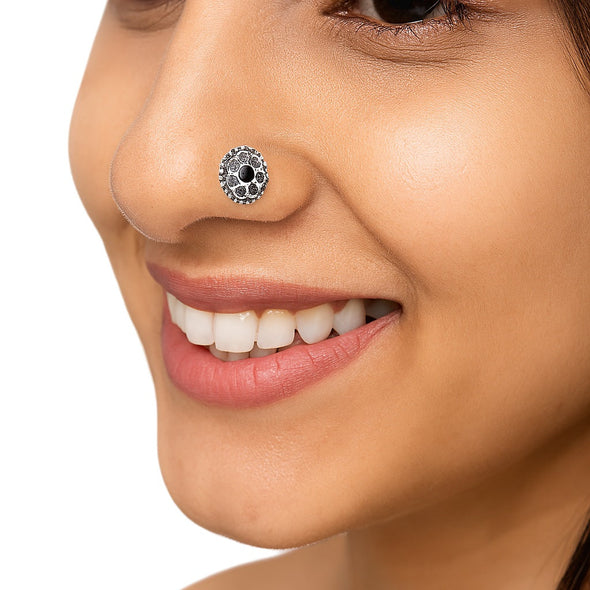 Floral Oxidized Spiral Design Black Stone Nose Pin - Sterling Silver