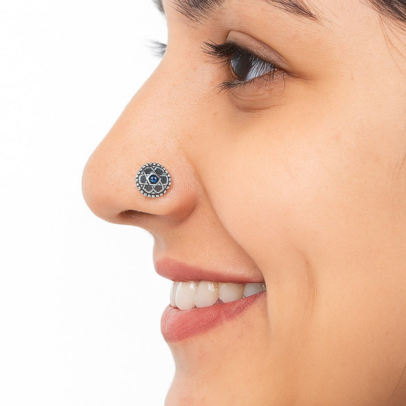 Floral Oxidized Spiral Design Blue Stone Nose Pin - Sterling Silver