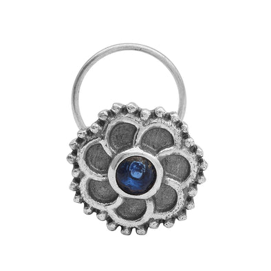 Floral Oxidized Spiral Design Blue Stone Nose Pin - Sterling Silver
