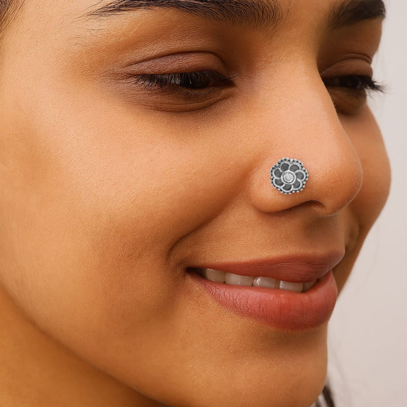 Floral Oxidized Spiral Design Clear Stone Nose Pin - Sterling Silver
