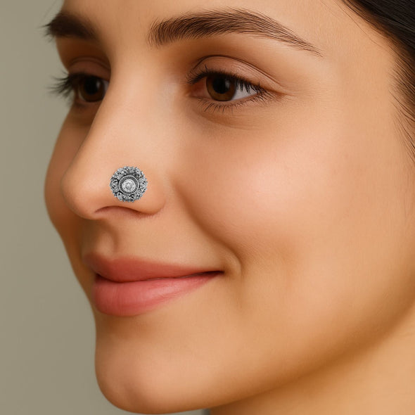 Antique Floral Sparkling White Centre Nose Pin - Sterling Silver