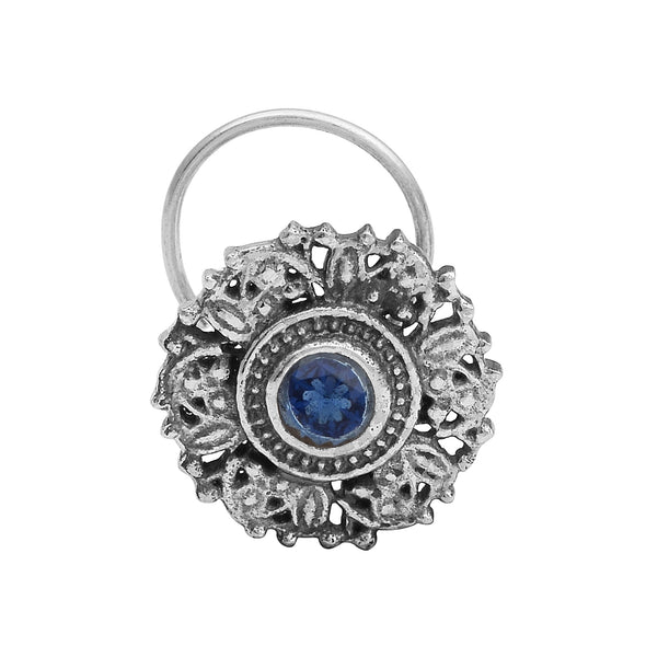 Antique Floral Sparkling Blue Centre Nose Pin - Sterling Silver