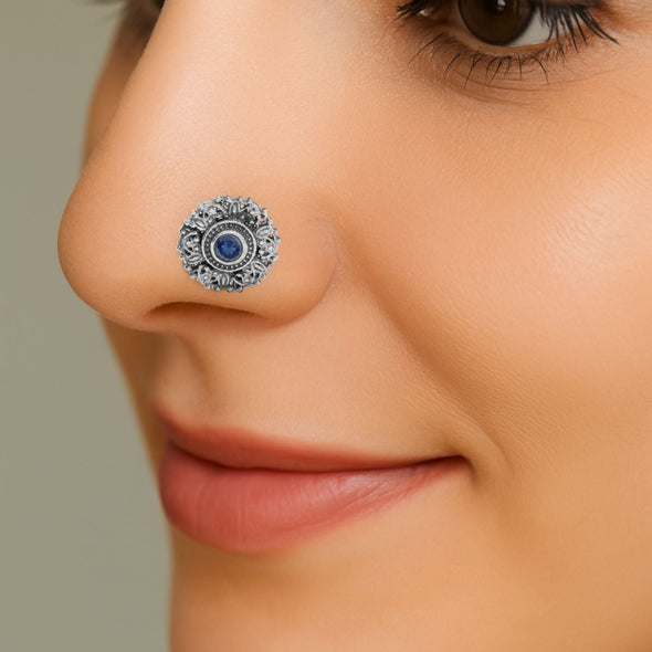 Antique Floral Sparkling Blue Centre Nose Pin - Sterling Silver