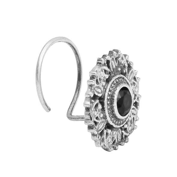 Antique Floral Sparkling Black Centre Nose Pin - Sterling Silver