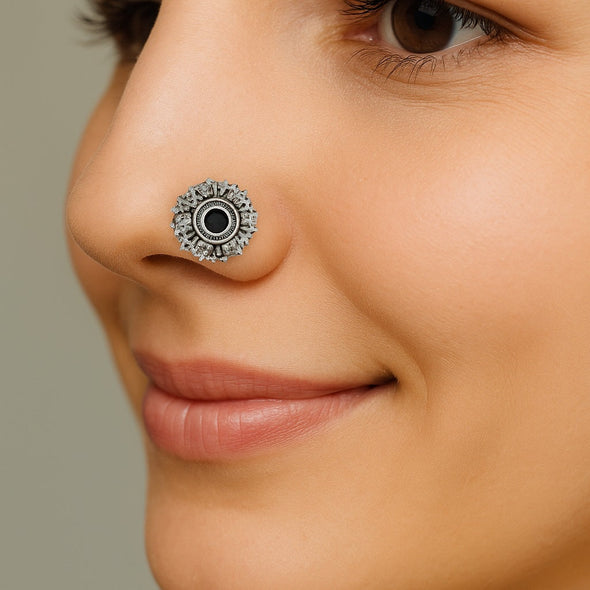 Antique Floral Sparkling Black Centre Nose Pin - Sterling Silver