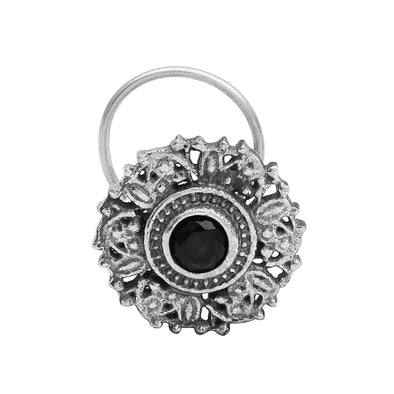 Antique Floral Sparkling Black Centre Nose Pin - Sterling Silver