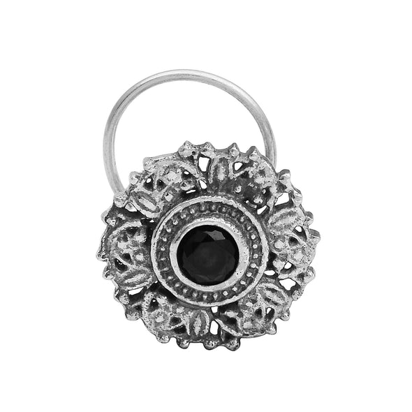 Antique Floral Sparkling Black Centre Nose Pin - Sterling Silver