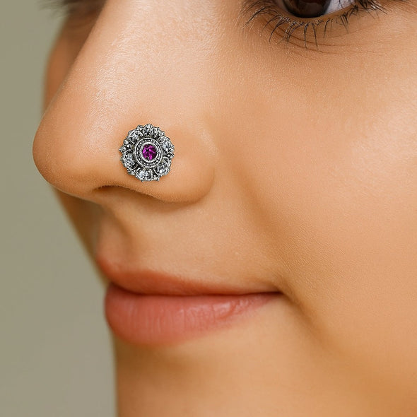 Antique Floral Sparkling Red Centre Nose Pin - Sterling Silver