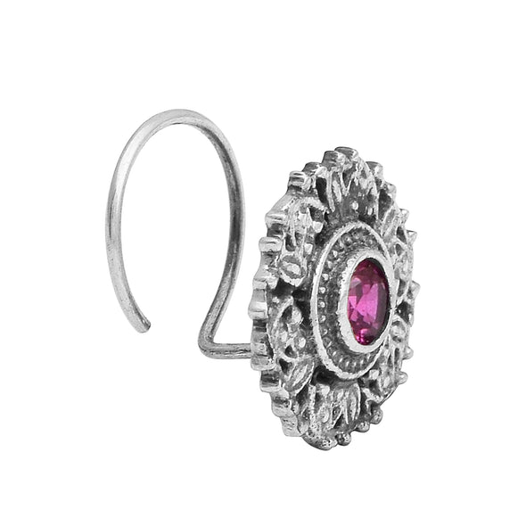 Antique Floral Sparkling Red Centre Nose Pin - Sterling Silver