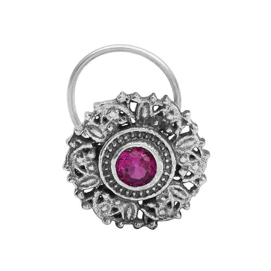 Antique Floral Sparkling Red Centre Nose Pin - Sterling Silver