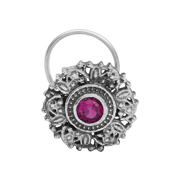 Antique Floral Sparkling Red Centre Nose Pin - Sterling Silver