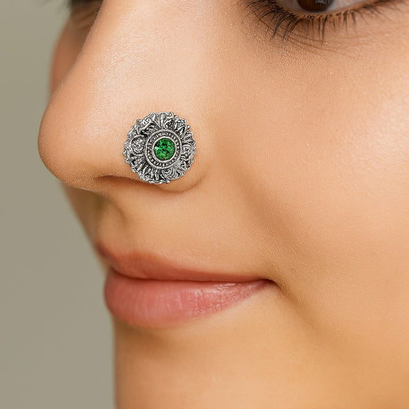 Antique Floral Sparkling Green Centre Nose Pin - Sterling Silver