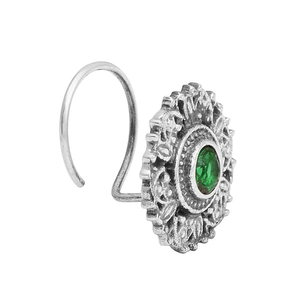 Antique Floral Sparkling Green Centre Nose Pin - Sterling Silver