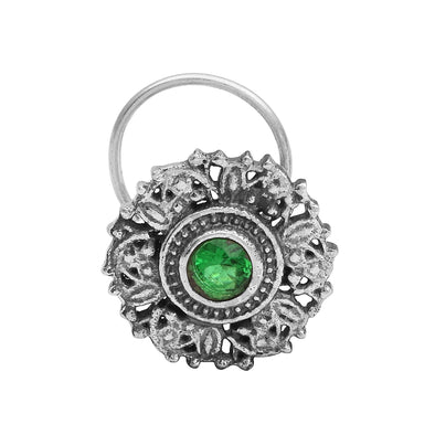 Antique Floral Sparkling Green Centre Nose Pin - Sterling Silver