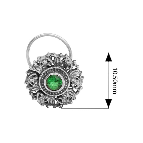 Antique Floral Sparkling Green Centre Nose Pin - Sterling Silver