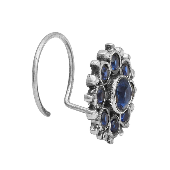 Floral Cluster Blue Sapphire Nose Pin - Sterling Silver