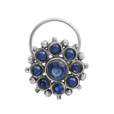 Floral Cluster Blue Sapphire Nose Pin - Sterling Silver