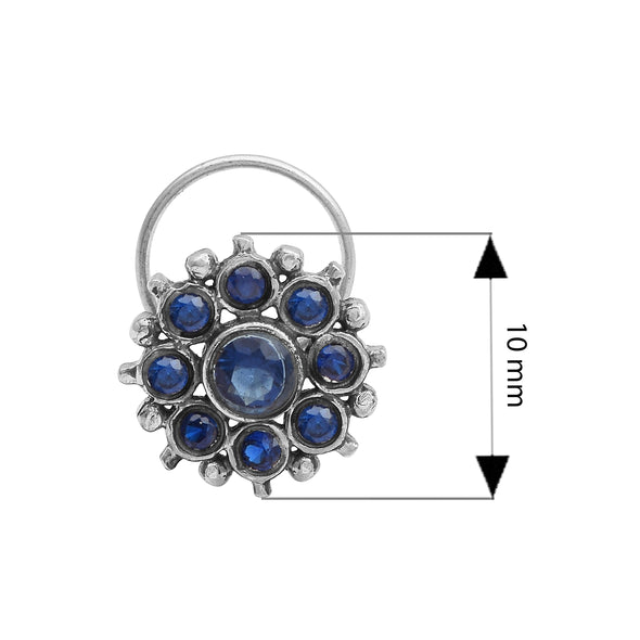 Floral Cluster Blue Sapphire Nose Pin - Sterling Silver