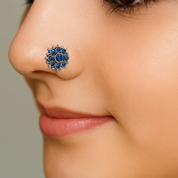 Floral Cluster Blue Sapphire Nose Pin - Sterling Silver
